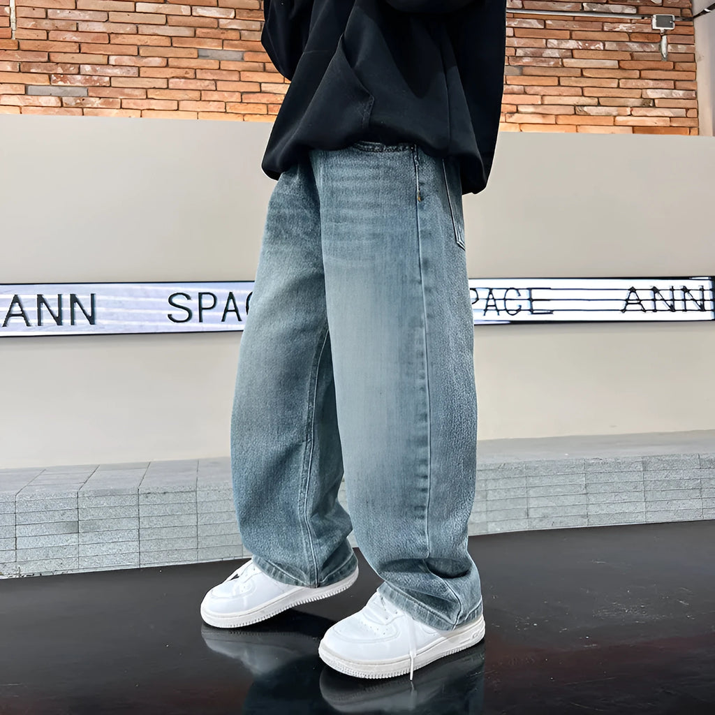 Men's straight loose blue denim jeans solid colour cotton trousers height 120cm to 170cm