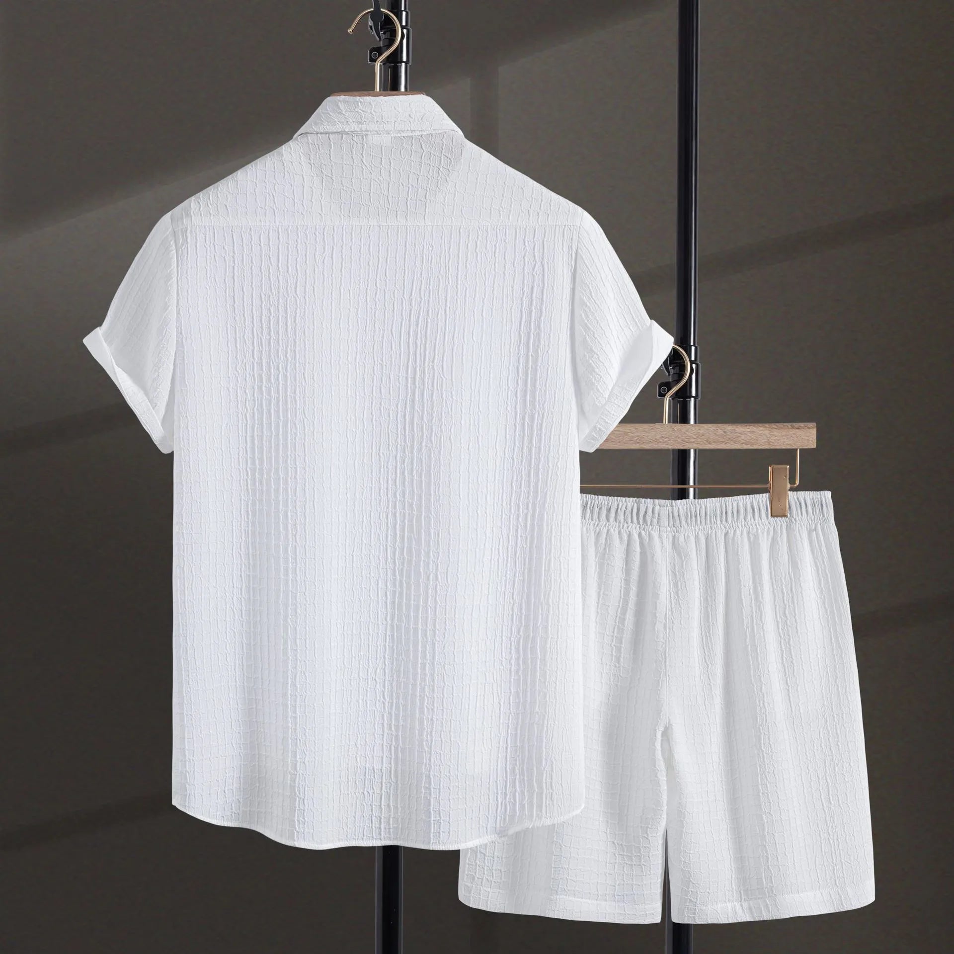 Men's casual jacquard cotton blend short sleeve shirt and shorts set in white or black