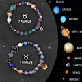 Two adjustable natural stone beaded bracelets on a wrist, each with a central zodiac birthstone bead.