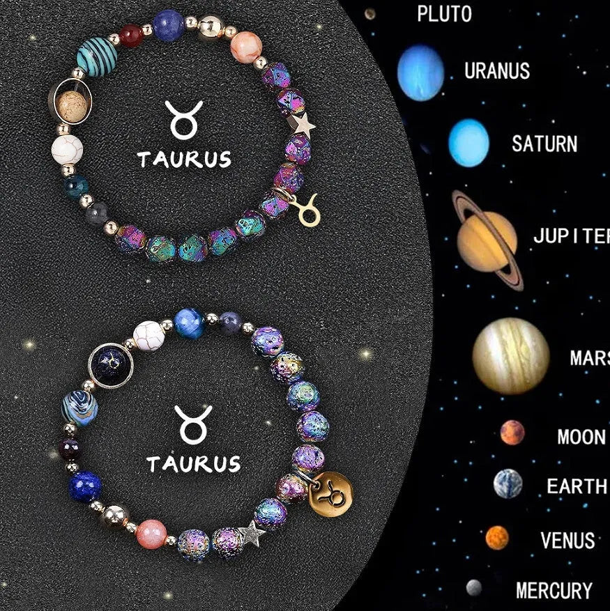 Two adjustable natural stone beaded bracelets on a wrist, each with a central zodiac birthstone bead.