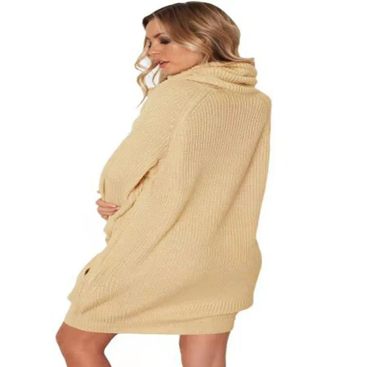 Yellow women's lapel neck pullover sweater with side pockets and a loose, slimming fit