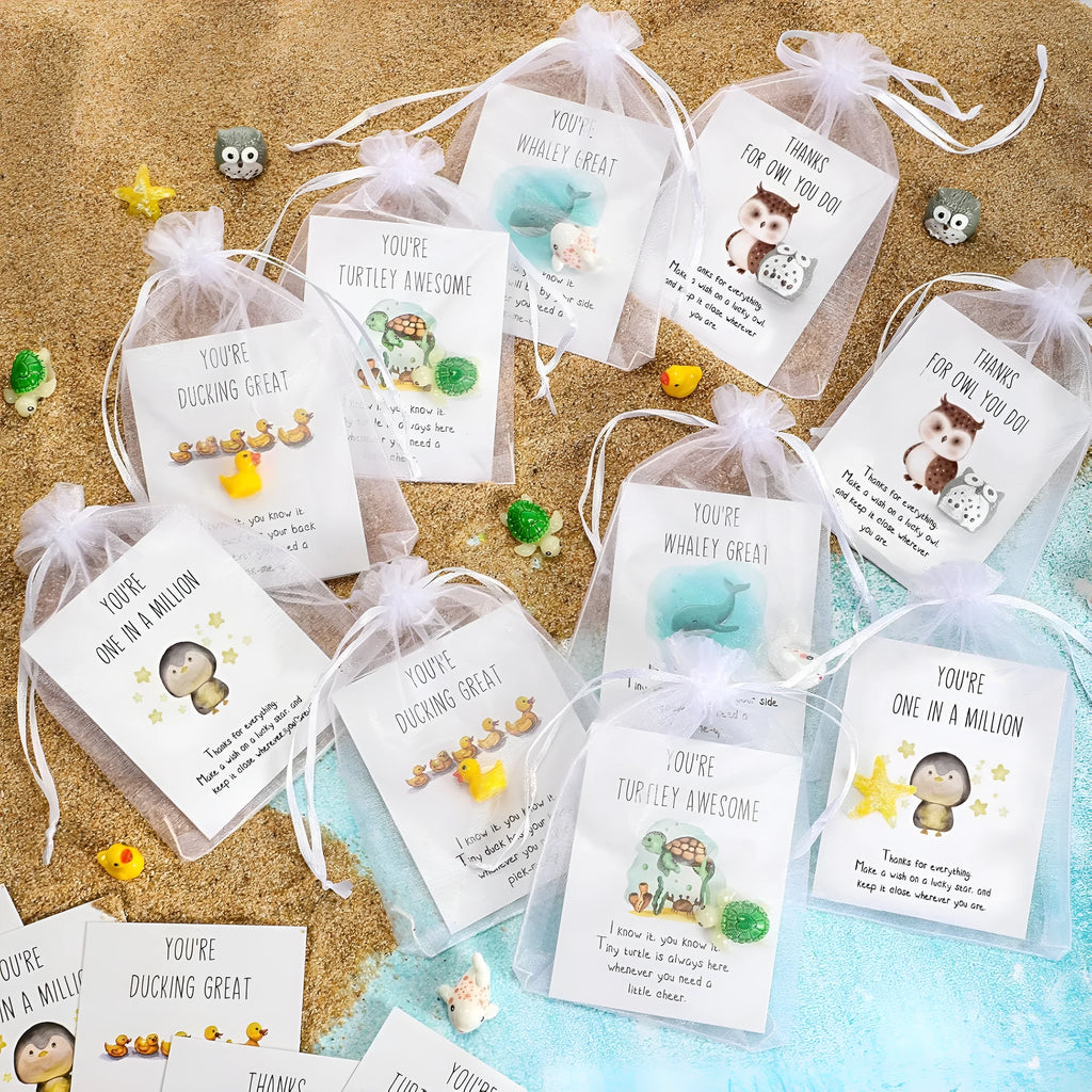 Set of pun inspirational resin greeting cards showing multiple memo cards with humorous designs