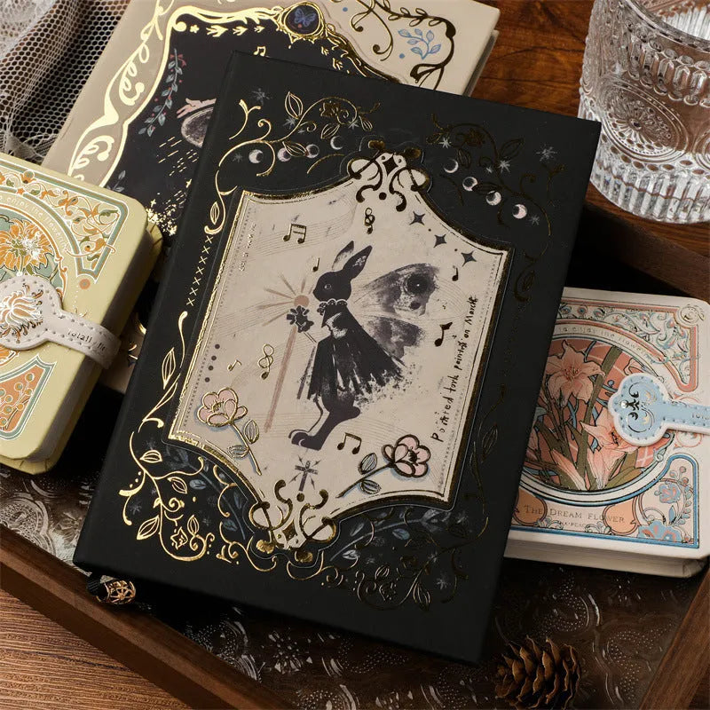 THALO Gothic style A5 retro notebook showing three cover design options including A-Little Rabbit, Forest, and Red Fruit Temptation variants.