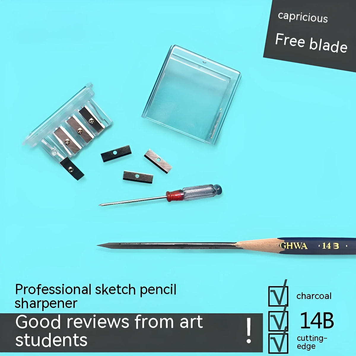 Geometric four-hole pencil sharpener with plastic construction and included screwdriver