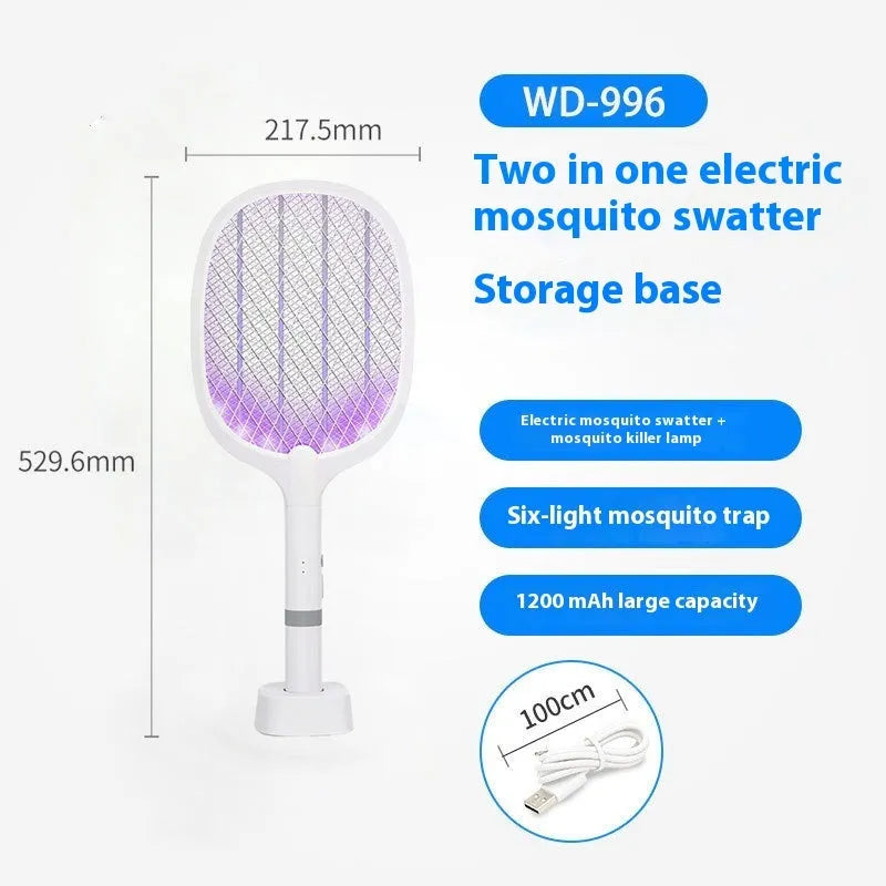 Blue and green rechargeable electric mosquito swatter with USB charging cable.
