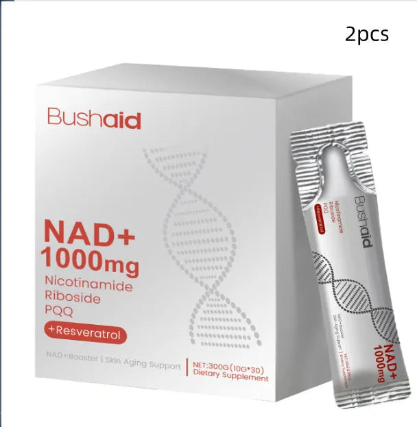 Anti aging drink bottles showing 300g liquid dietary supplement with nicotinamide ribose and PQQ ingredients