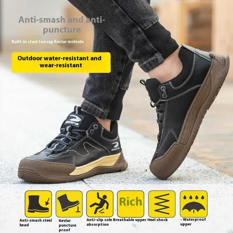 Leather and Flyknit work safety shoe with rubber sole shown in black, khaki, and grey colours