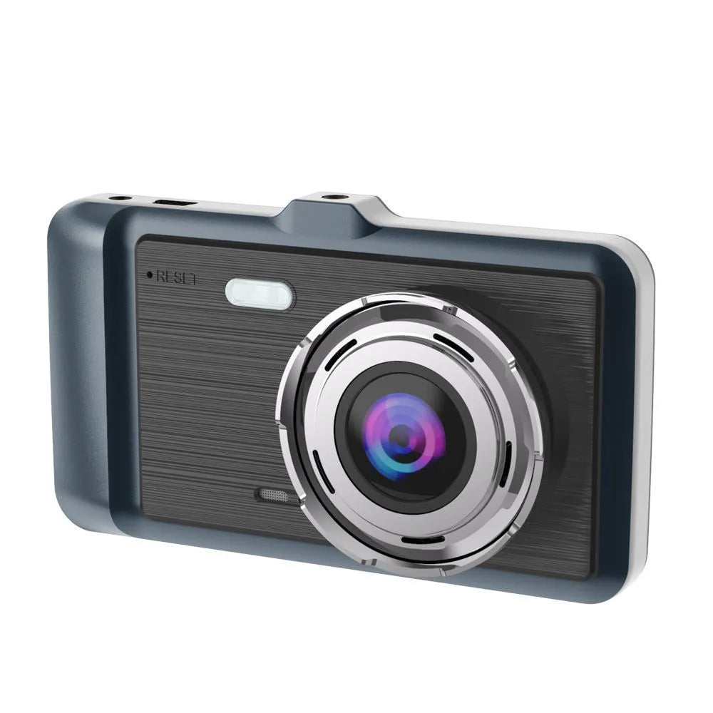 HD dual-lens driving recorder with 4 inch screen in black for windshield mount