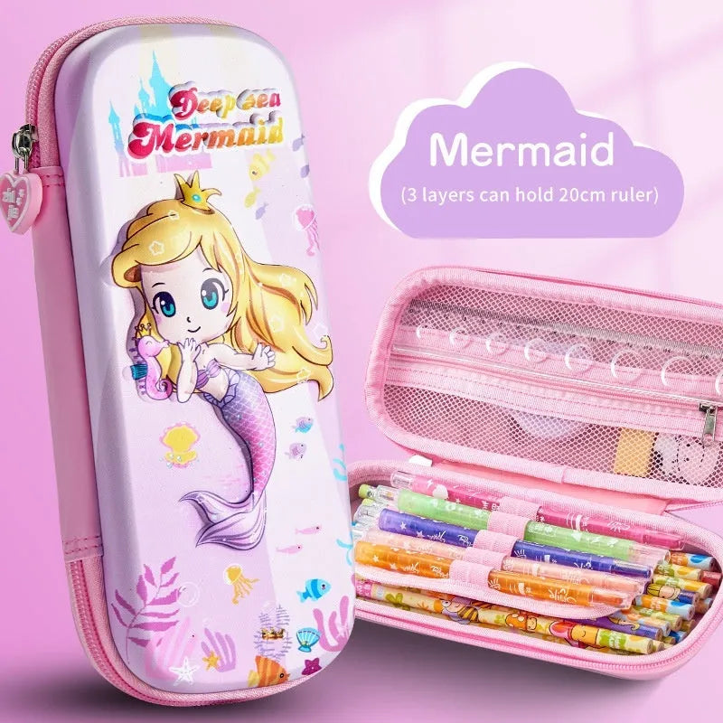 3D leather pencil case with zipper closure showing character design options including astronauts, unicorns, and mermaids