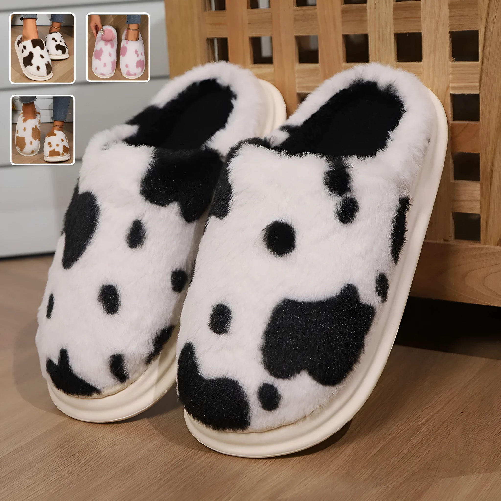 Cow spotted plush slippers in brown with round toe and baotou style on a home floor