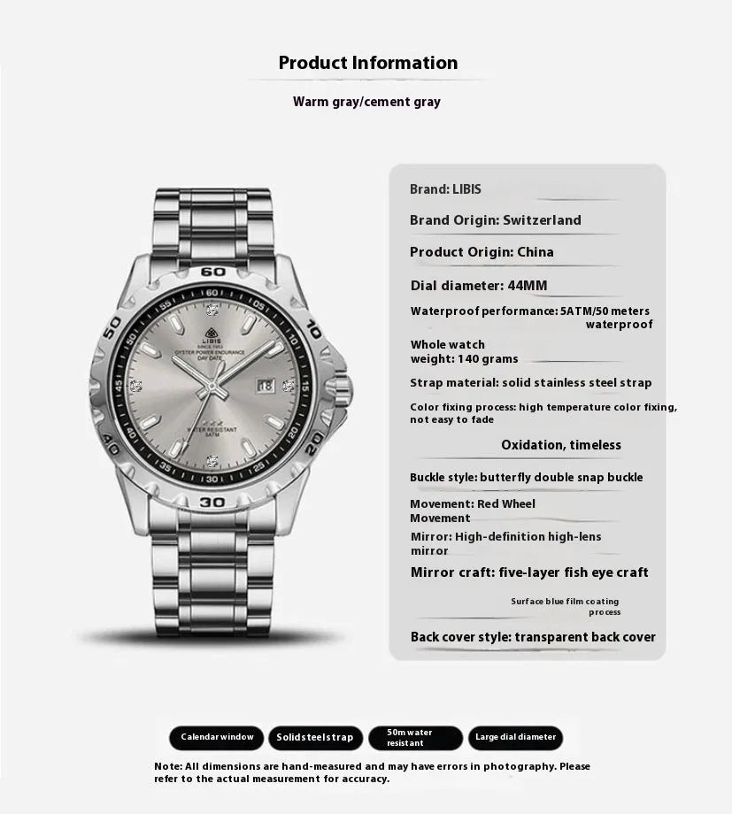 Men's silver case business watch with stainless steel strap and luminous quartz movement