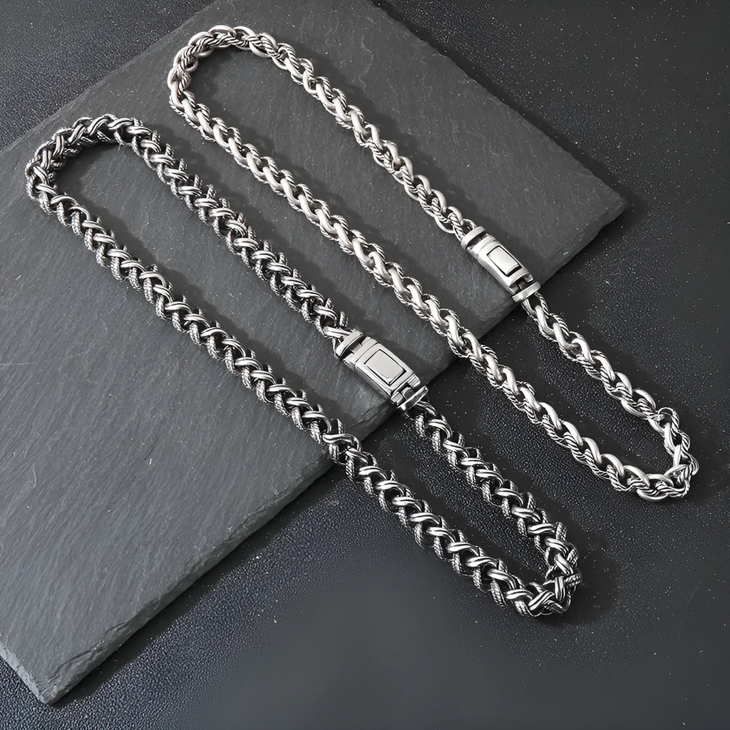Men's keel chain titanium steel necklace in antique silver finish showing geometric design details
