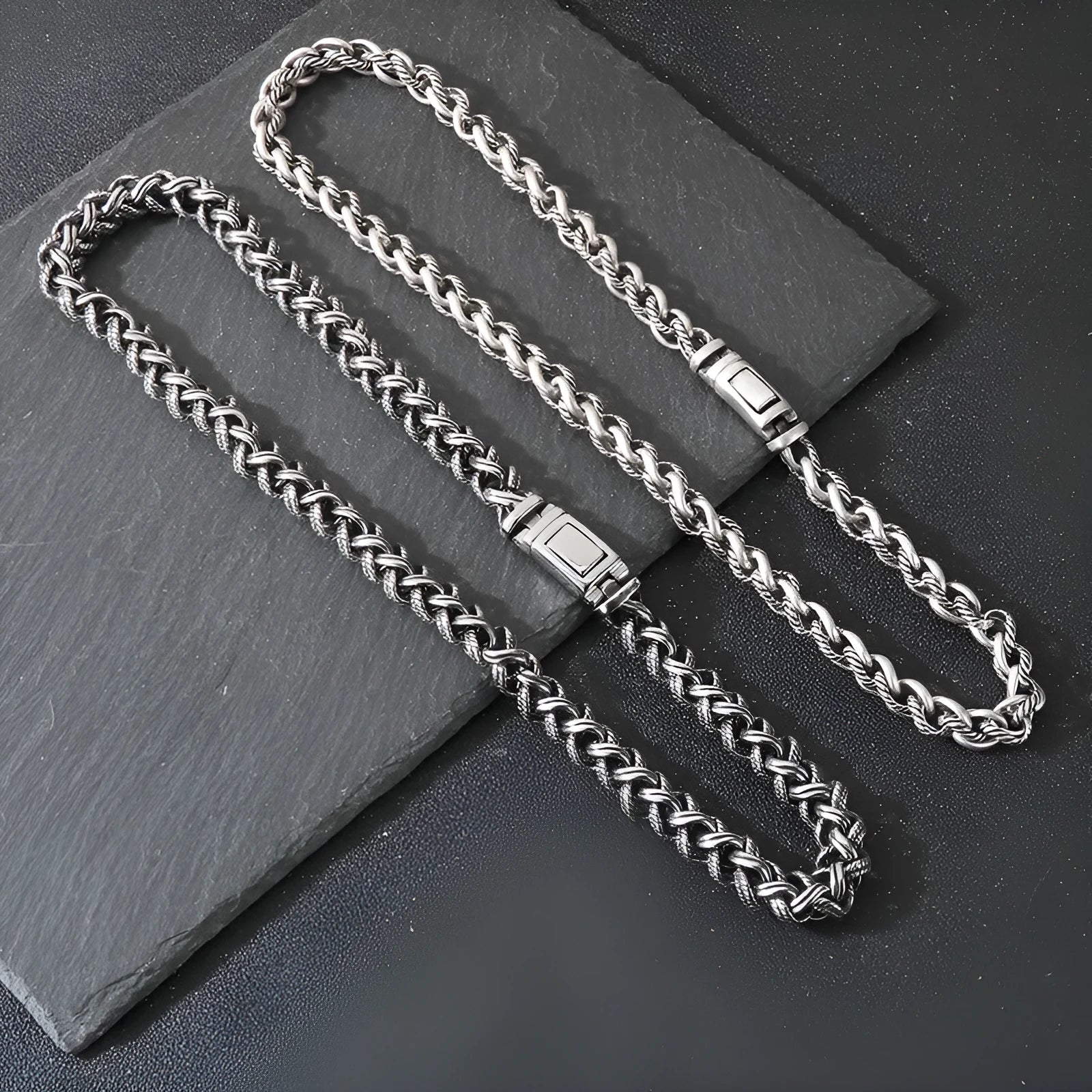 Men's keel chain titanium steel necklace in antique silver finish showing geometric design details