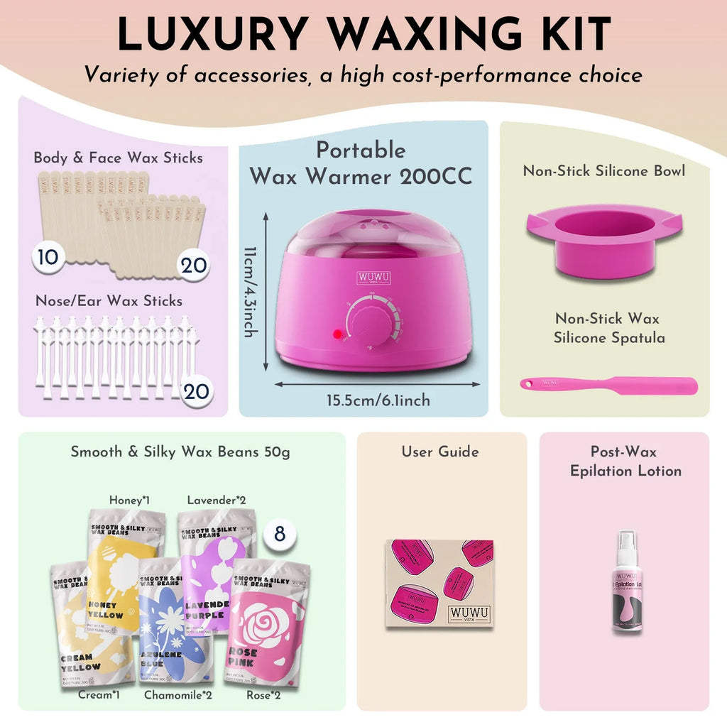 WUWUVISTA 63-piece waxing kit with black wax warmer, wax beads, application sticks, and post-epilation lotion