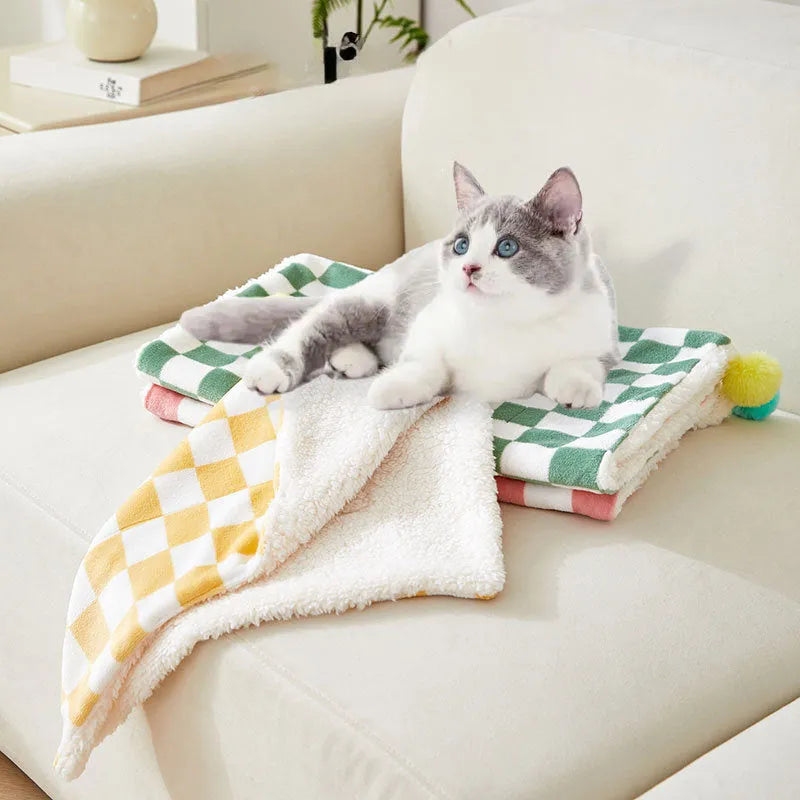 Plaid pattern pet blanket for cats and dogs on furniture with soft fleece material