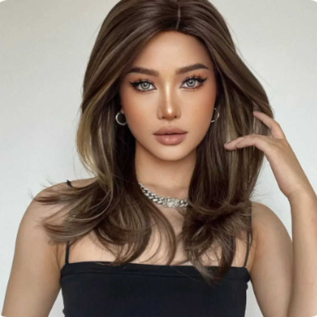 Mid-length curly synthetic wig with gradient colour and long bangs