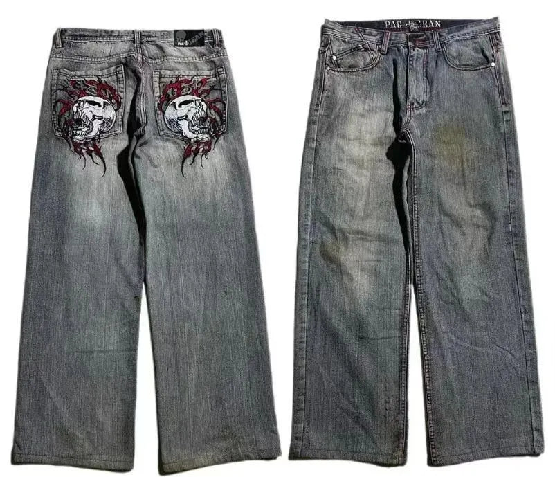 Grey wide-leg men's jeans with retro washed finish and straight-leg opening