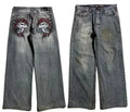 Grey wide-leg men's jeans with retro washed finish and straight-leg opening