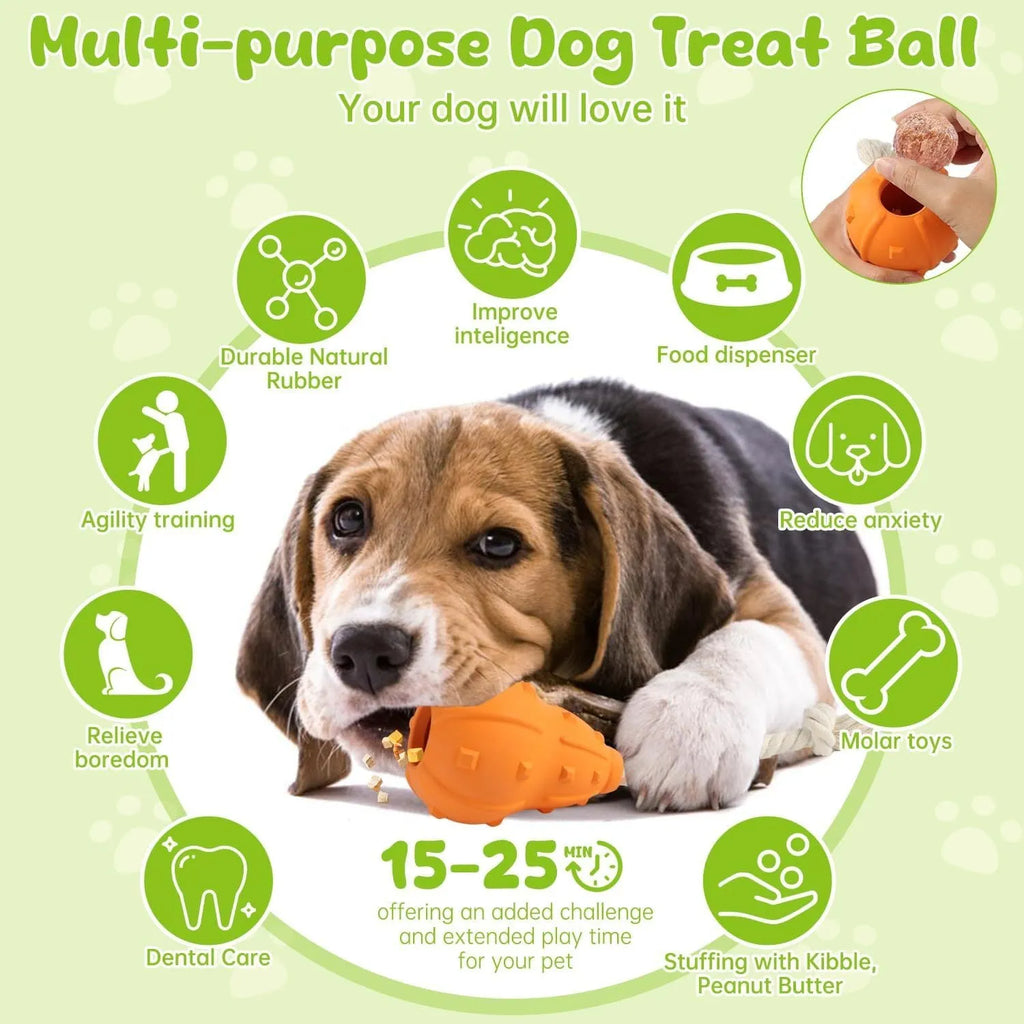 Natural rubber stuffable dog chew toy with a long strap for fetching and treat dispensing