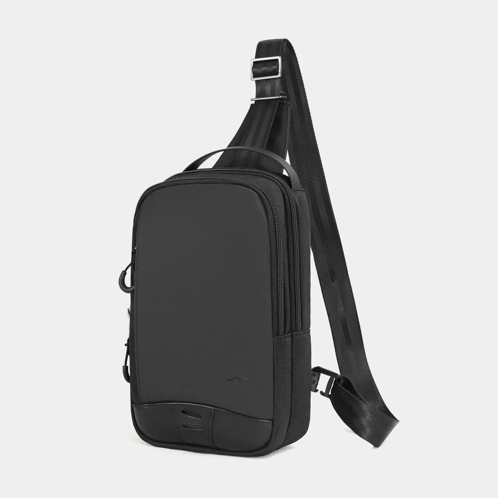 Black camouflage chest bag with single shoulder strap showing waterproof TPU construction and mobile phone compartment