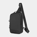 Black camouflage chest bag with single shoulder strap showing waterproof TPU construction and mobile phone compartment