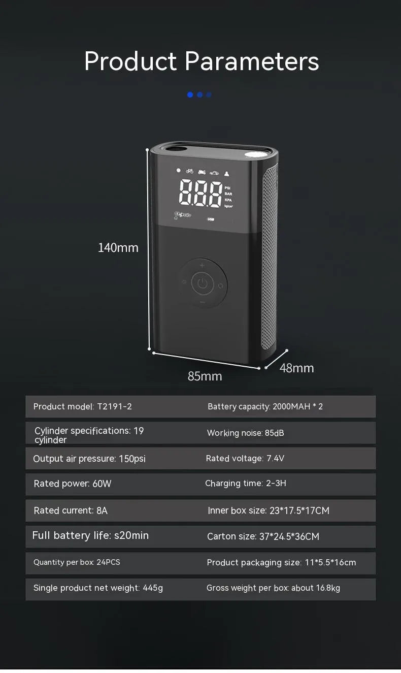 Wireless handheld digital air pump with display screen showing tyre pressure, surrounded by nozzle attachments for car, bicycle and sports inflation