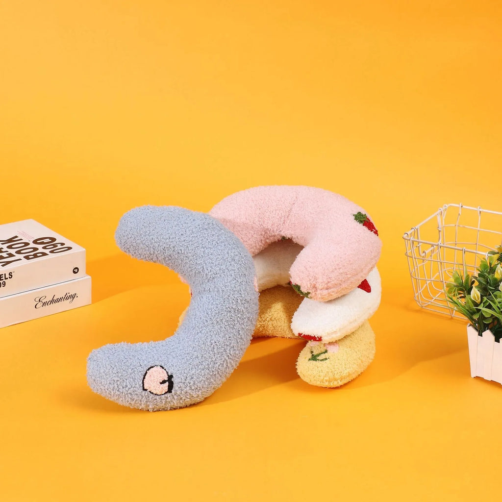Cartoon pattern U-shaped half moon pet pillow in blue, pink, white or yellow colours