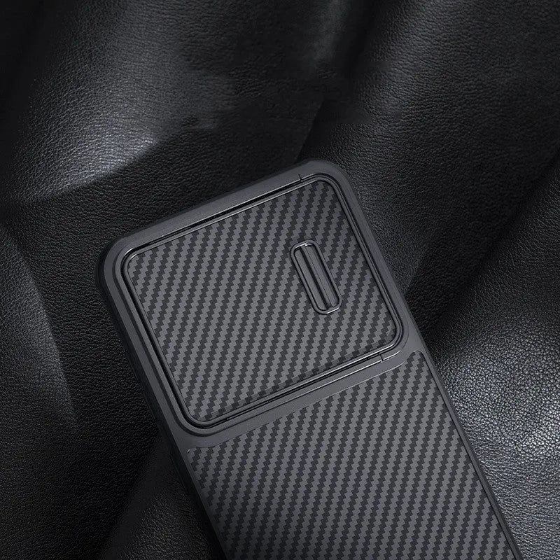 Black Samsung S23 phone case with lens cover, made from TPU, PC and carbon fibre.