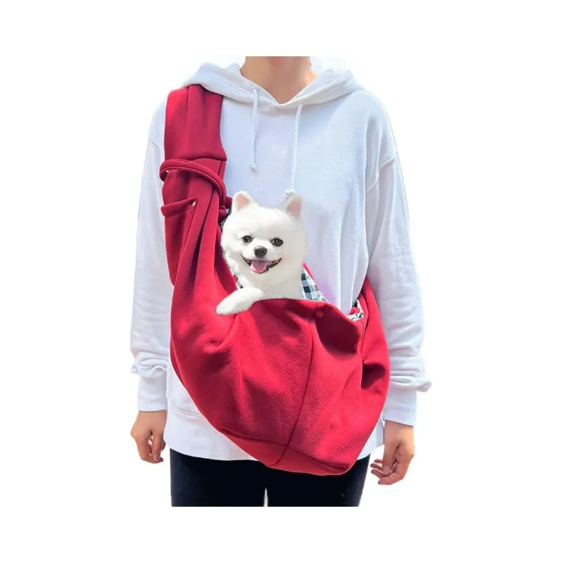 Polyester crossbody pet carrier bag for cats and dogs M size burgundy colour on autumn outing
