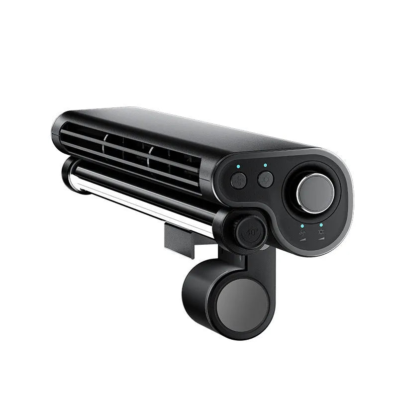 Black bladeless desk fan with screen clamp and LED lighting lamp attached to computer monitor