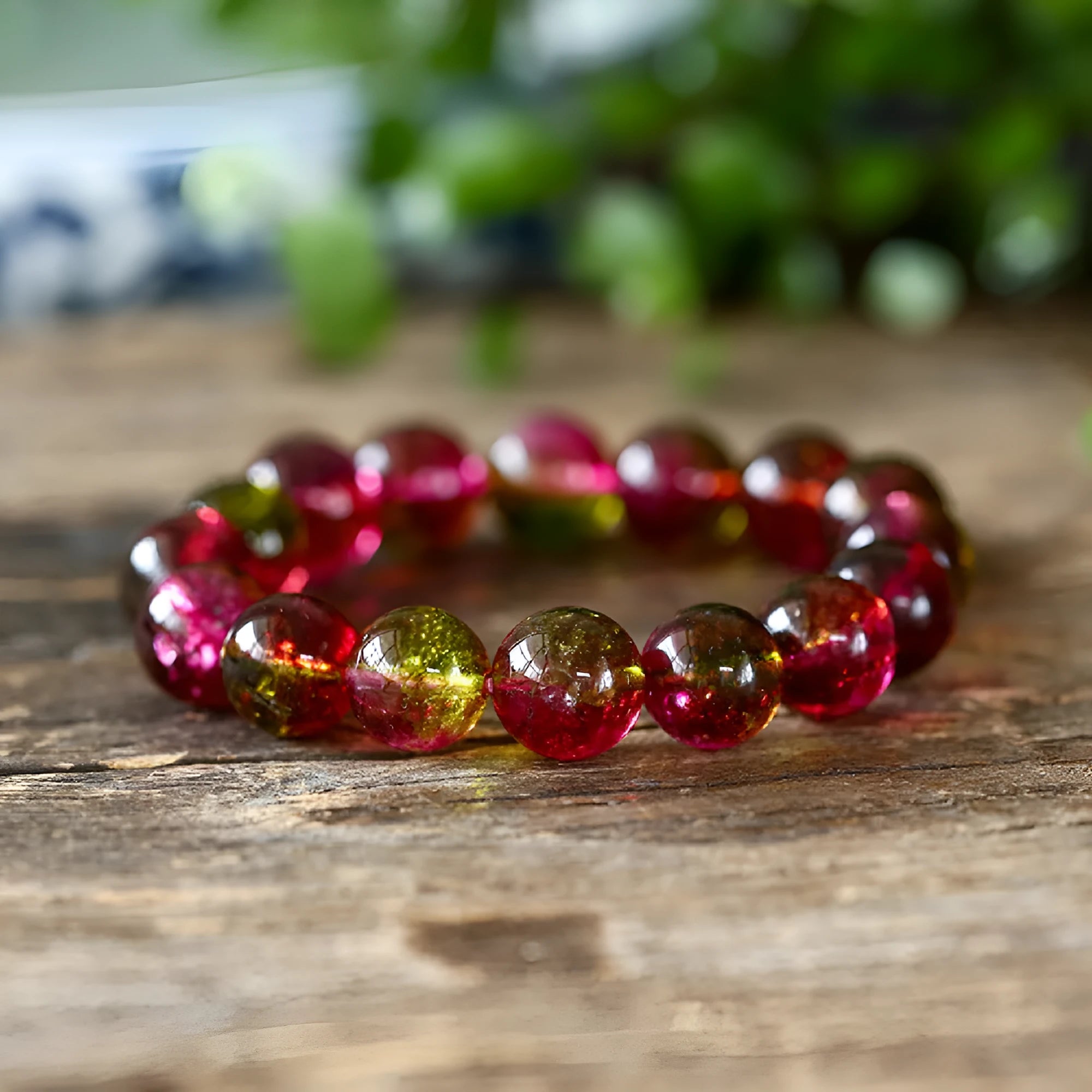 Watermelon crystal bead bracelet for women on a wrist, showing casual pastoral style.