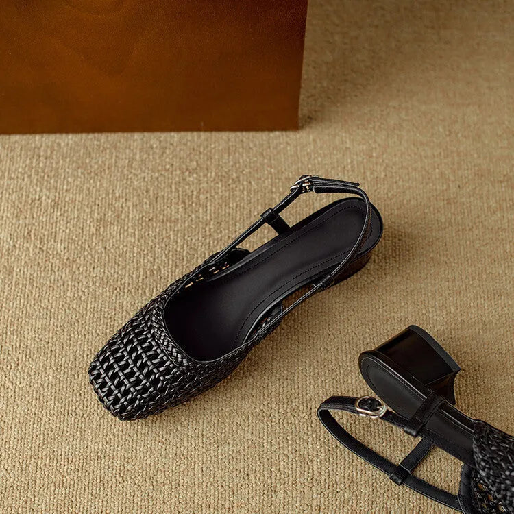 Women's beige woven sandals with chunky heel, closed square toe, and a buckle strap.