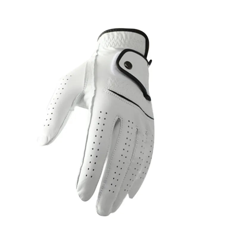 White half sheepskin men's golf glove laid flat, showing its casual style and non-slip palm.