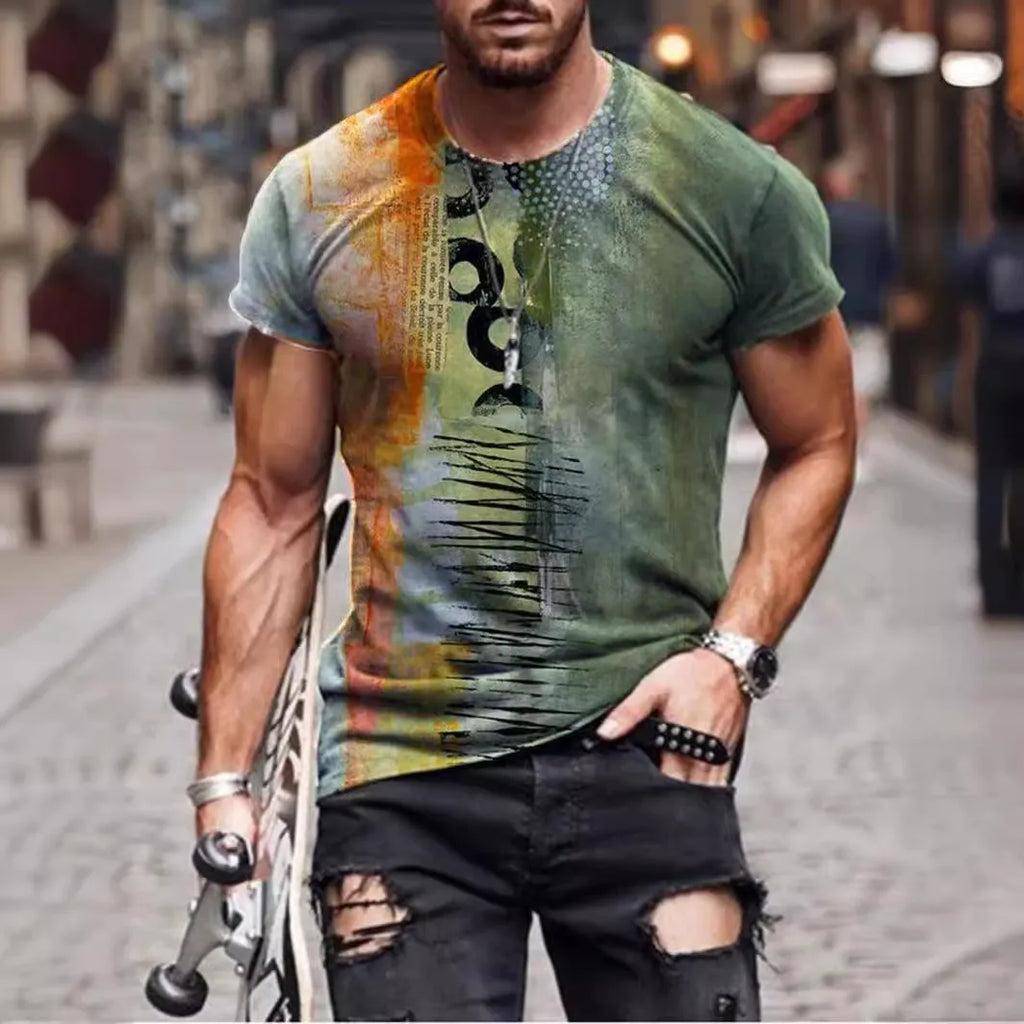 Men's camouflage print short-sleeved t-shirt in milk silk polyester, loose fit pullover style