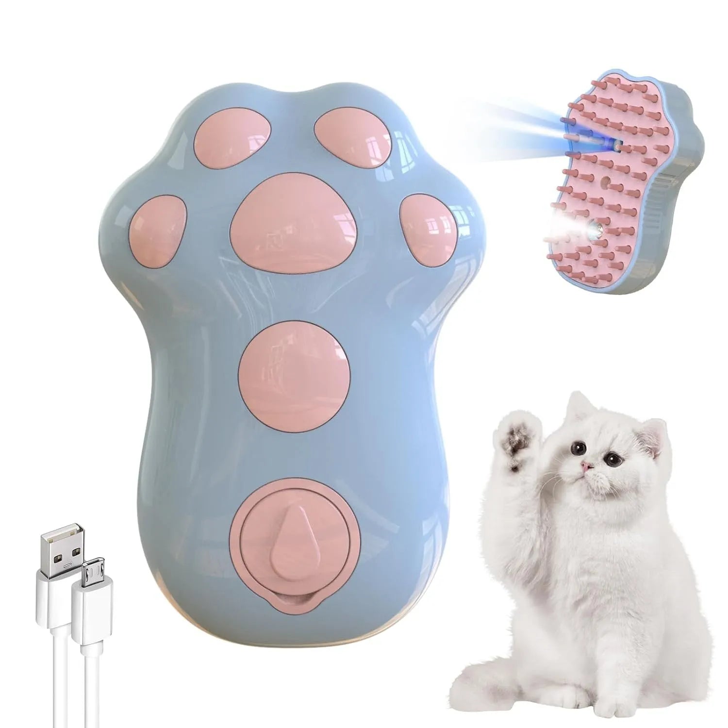 Blue self-cleaning pet steam brush with silicone bristles and a water spray button