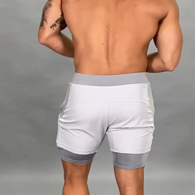 Men's double-layer 2-in-1 running shorts in black with phone pocket, quick-dry fabric for summer training