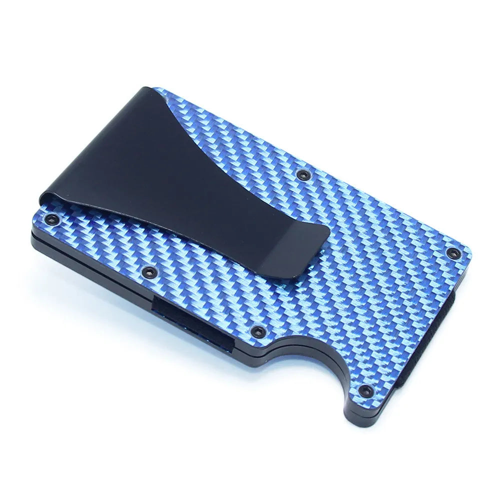 Slim geometry card holder wallet in carbon fibre or aluminium, holds six to fifteen cards, 8mm thick