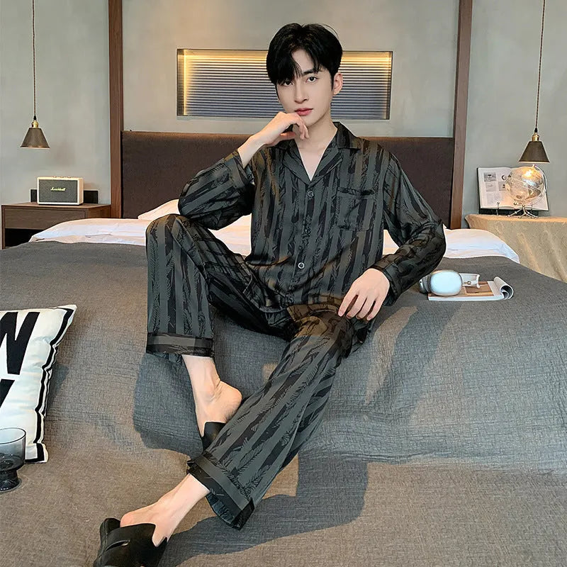 Men's black stripes ice silk pajama set with V-neck top and long trousers
