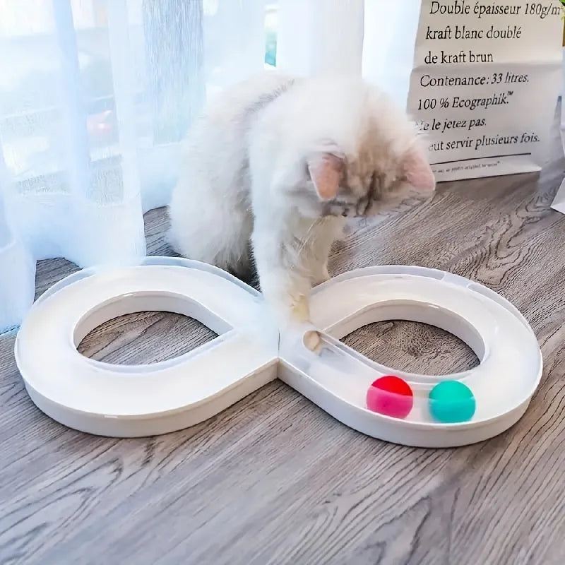 Blue and white cat track toy with turntable ball mechanism and teasing stick attachment