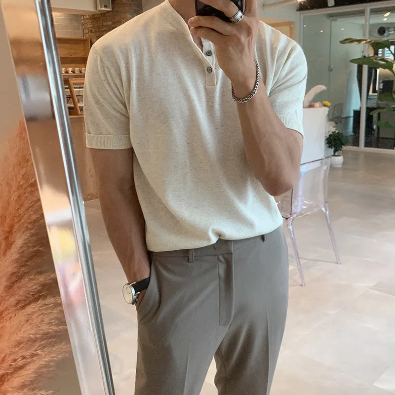 Men's slim-fit ice silk knitted short-sleeved pullover shirt in black, khaki or white