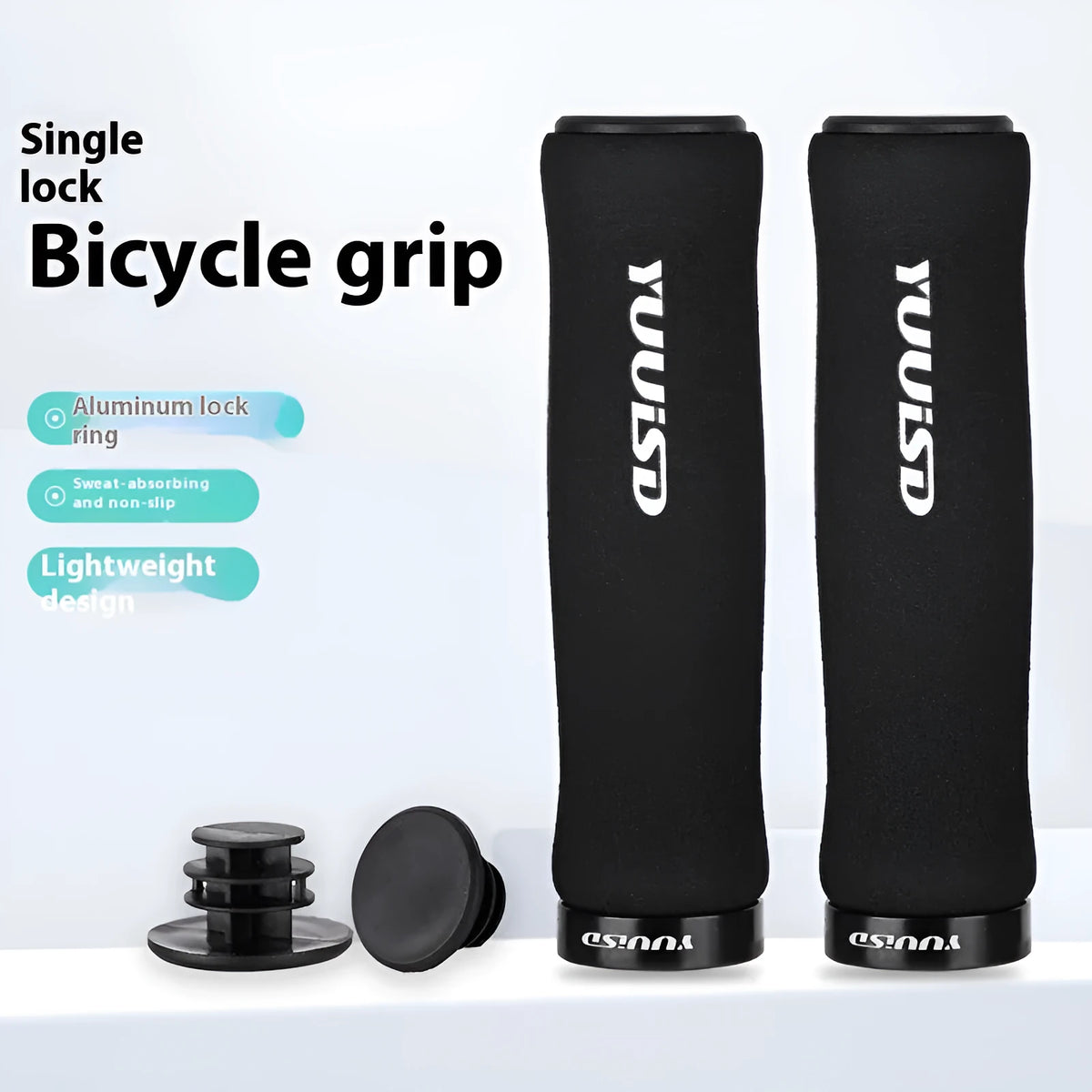 Pair of ultra-light 41g soft sponge mountain bike handlebar grips in black, purple, and biange colour options.