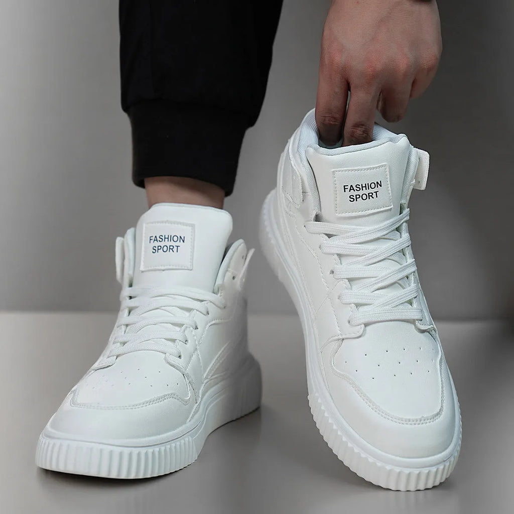 Men's solid white casual shoes with round toe and microfiber upper for autumn and winter