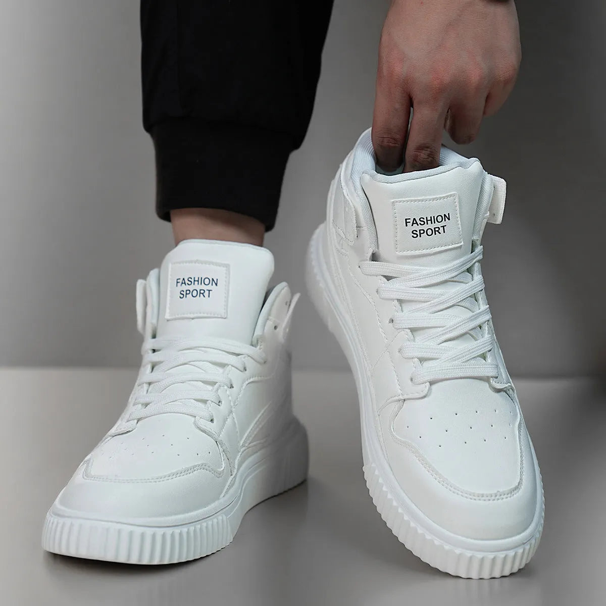 Men's solid white casual shoes with round toe and microfiber upper for autumn and winter