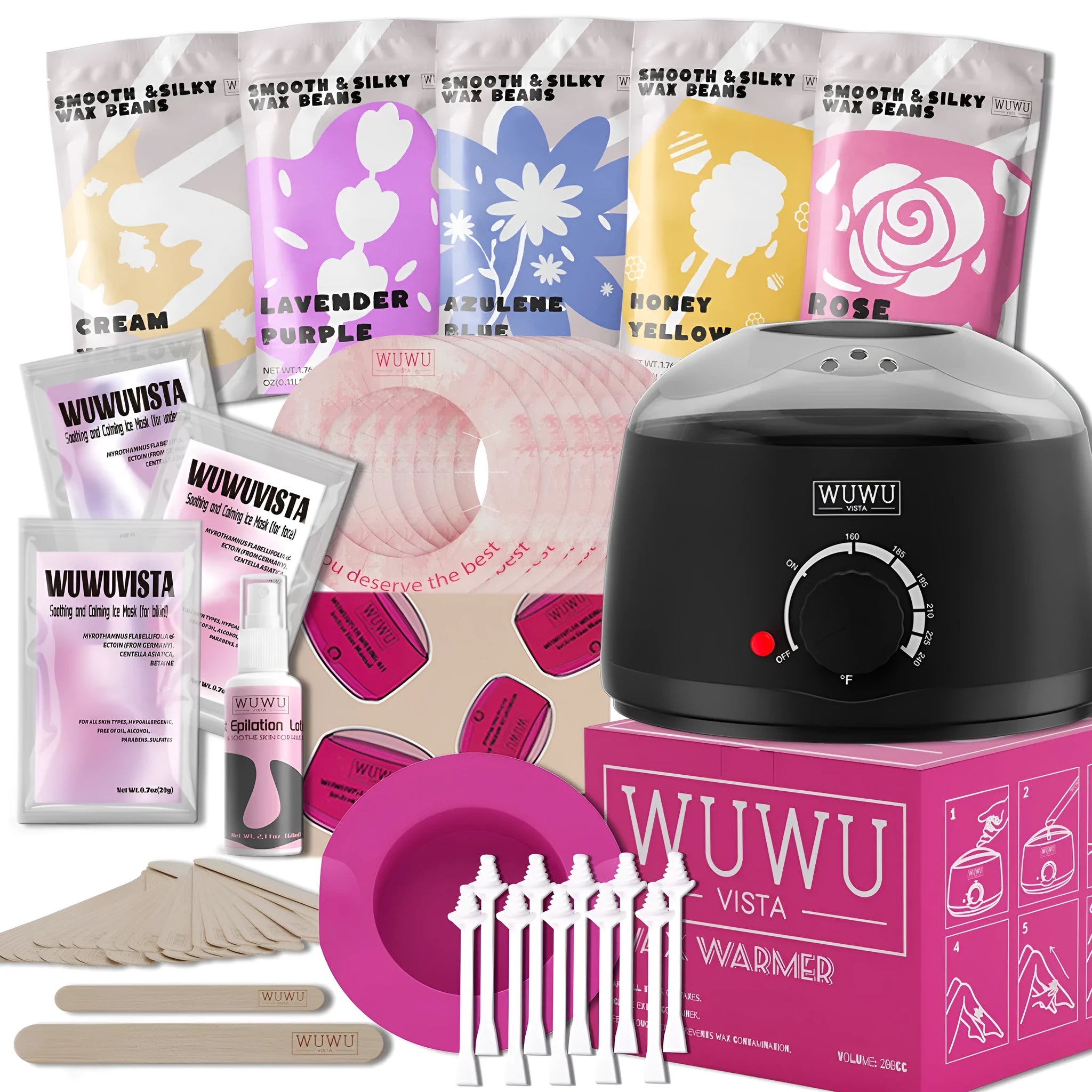 Professional waxing kit with wax warmer, pots of hard wax beans, applicator sticks, post-care lotion, and ice masks.