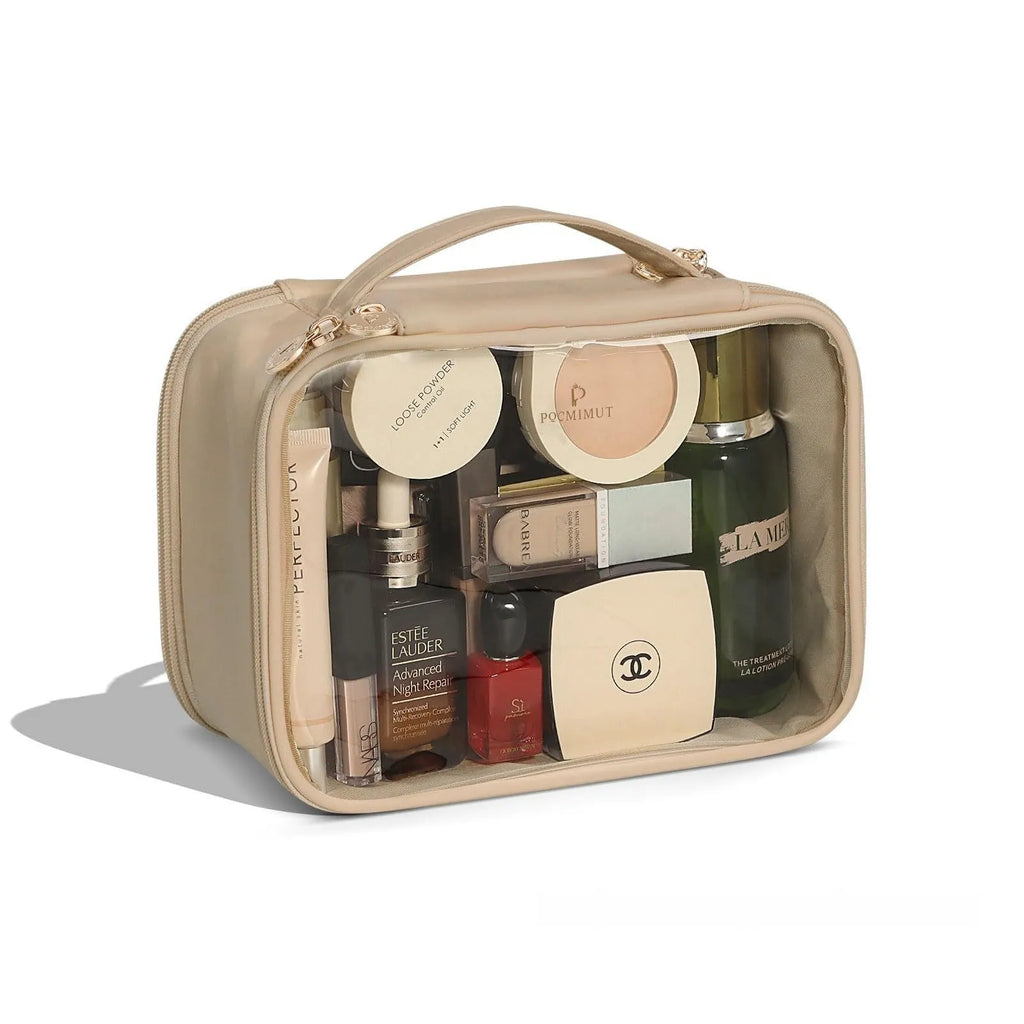 PVC transparent cosmetic bag showing interior with waterproof lining and dry-wet separation compartments