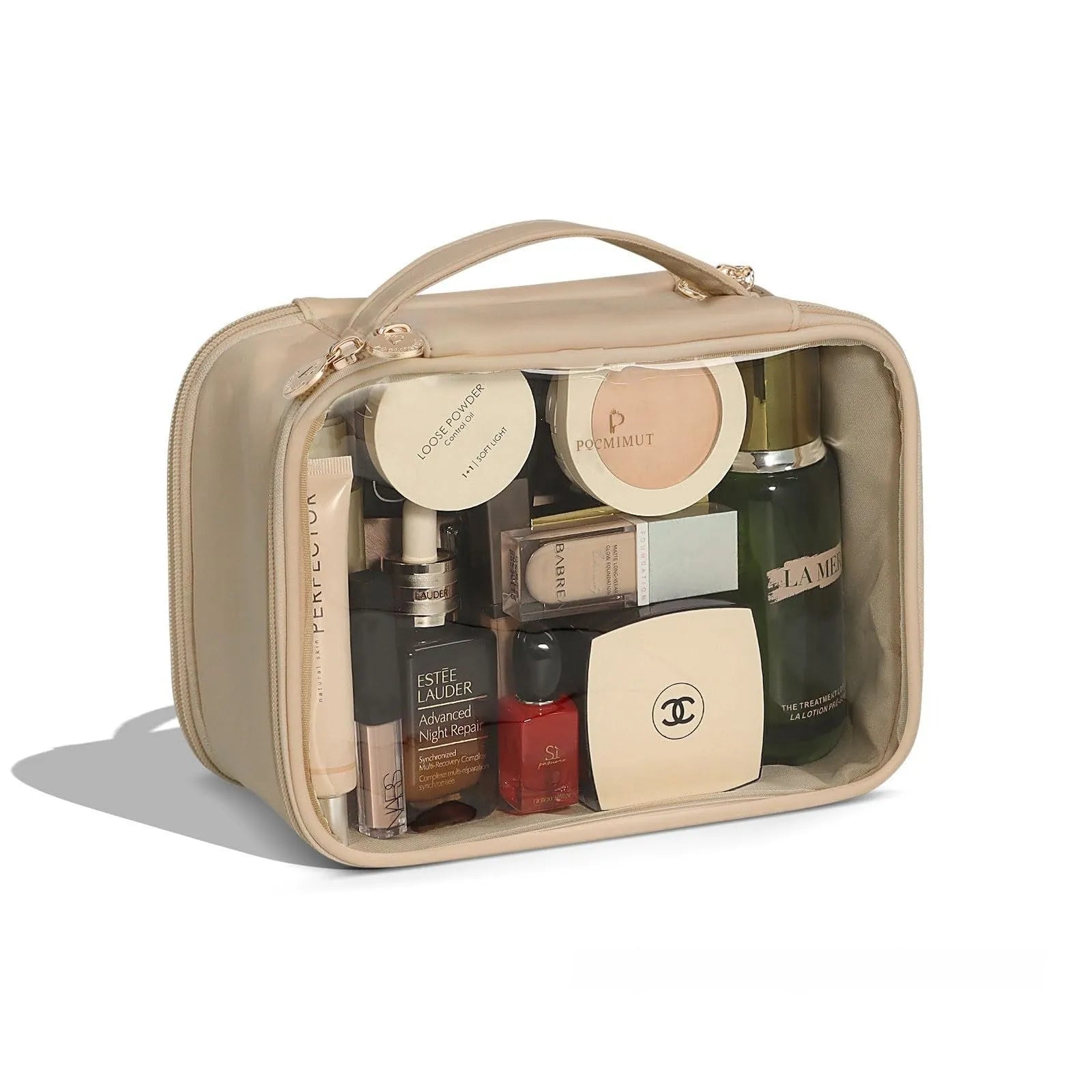 PVC transparent cosmetic bag showing interior with waterproof lining and dry-wet separation compartments