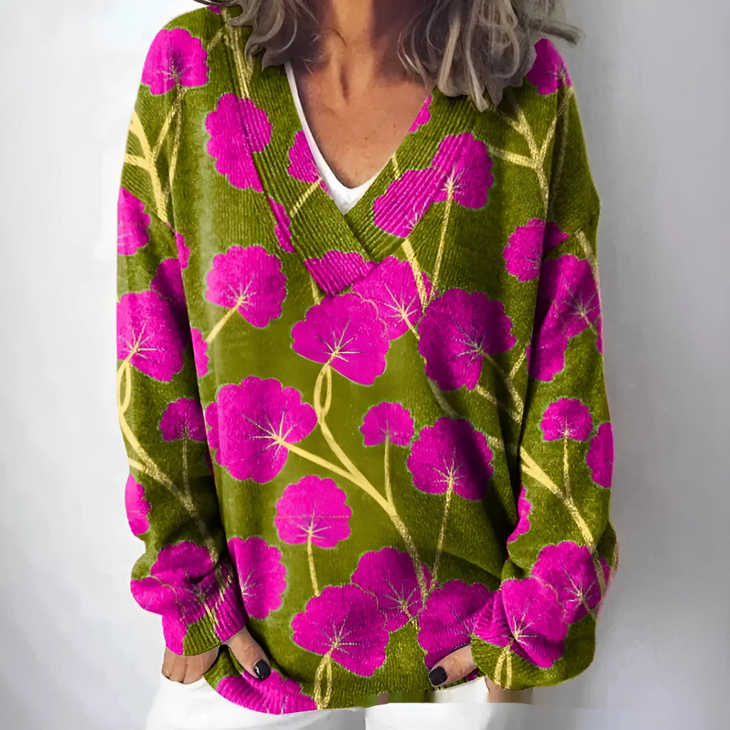 Women's V-neck long sleeve sweatshirt with a detailed 3D floral pattern print in an art retro style.