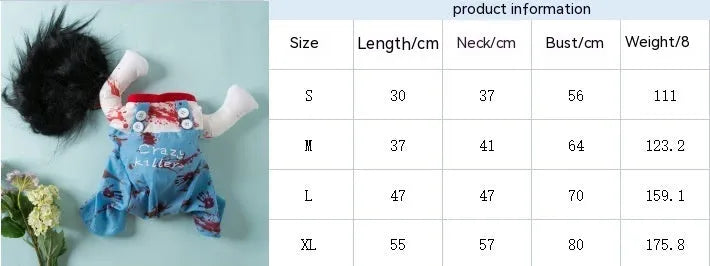 Halloween Bloody Doll pet costume for dogs and cats, polyester pet clothing in sizes S, M, L, and XL