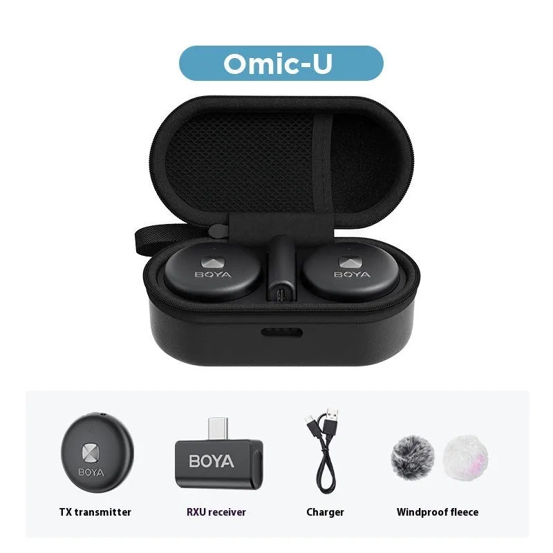 BOYA two-in-one collar clip wireless microphone in white with charging case and transmitters