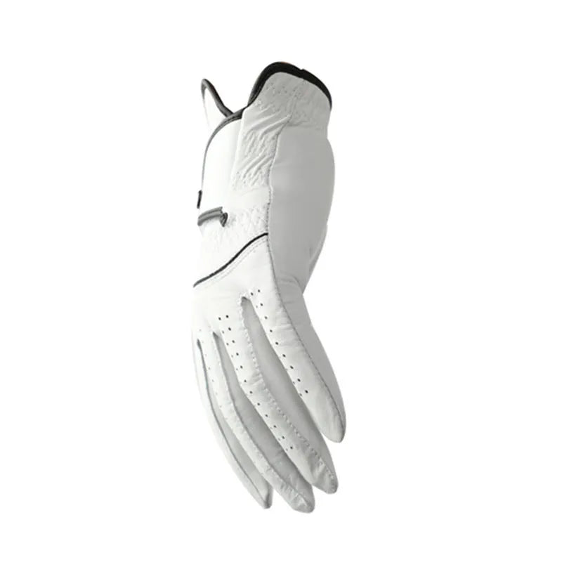 White half sheepskin men's golf glove laid flat, showing its casual style and non-slip palm.